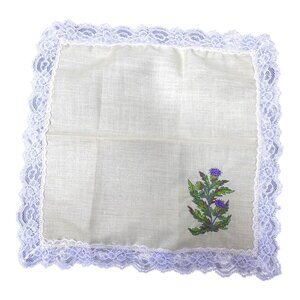 Vintage Handkerchief With Floral Embroidery Purple Thistle Flower & Lace Edge